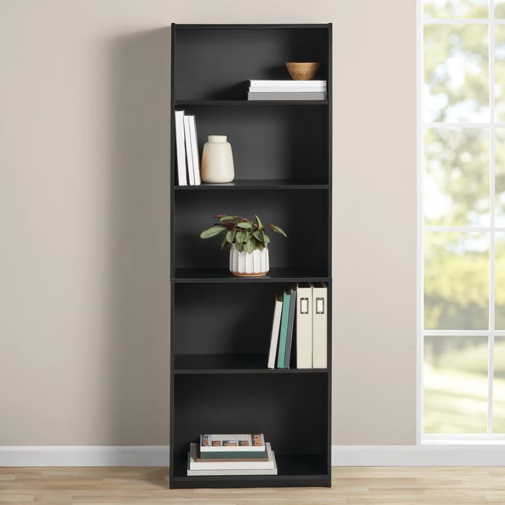 Mainstays 5-Shelf Bookcase Adjustable Shelves Storage Unit True Black Oak 71 in.