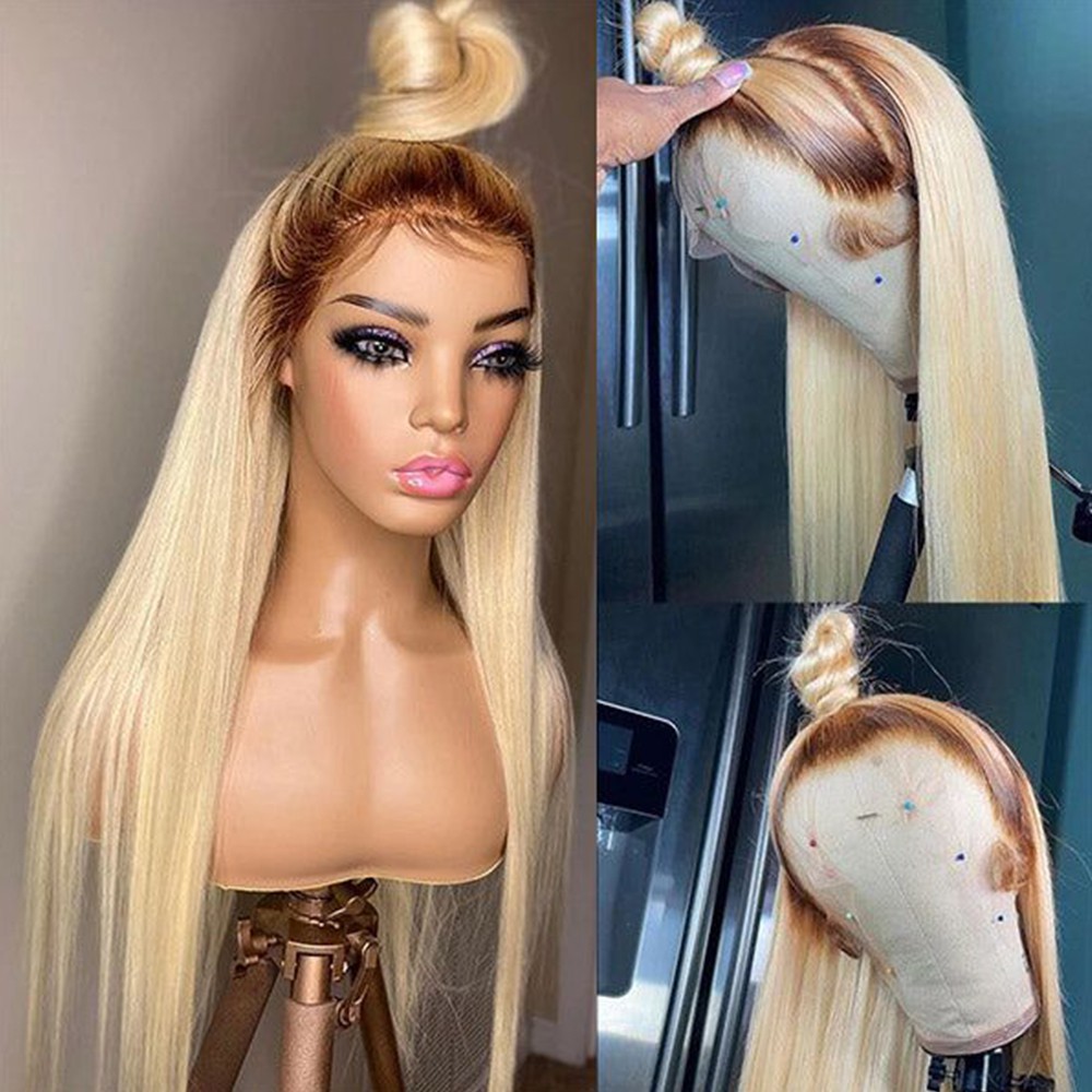 Ombre Brown Blonde Synthetic Lace Front Wigs Long Straight Hair Heat Safe Women