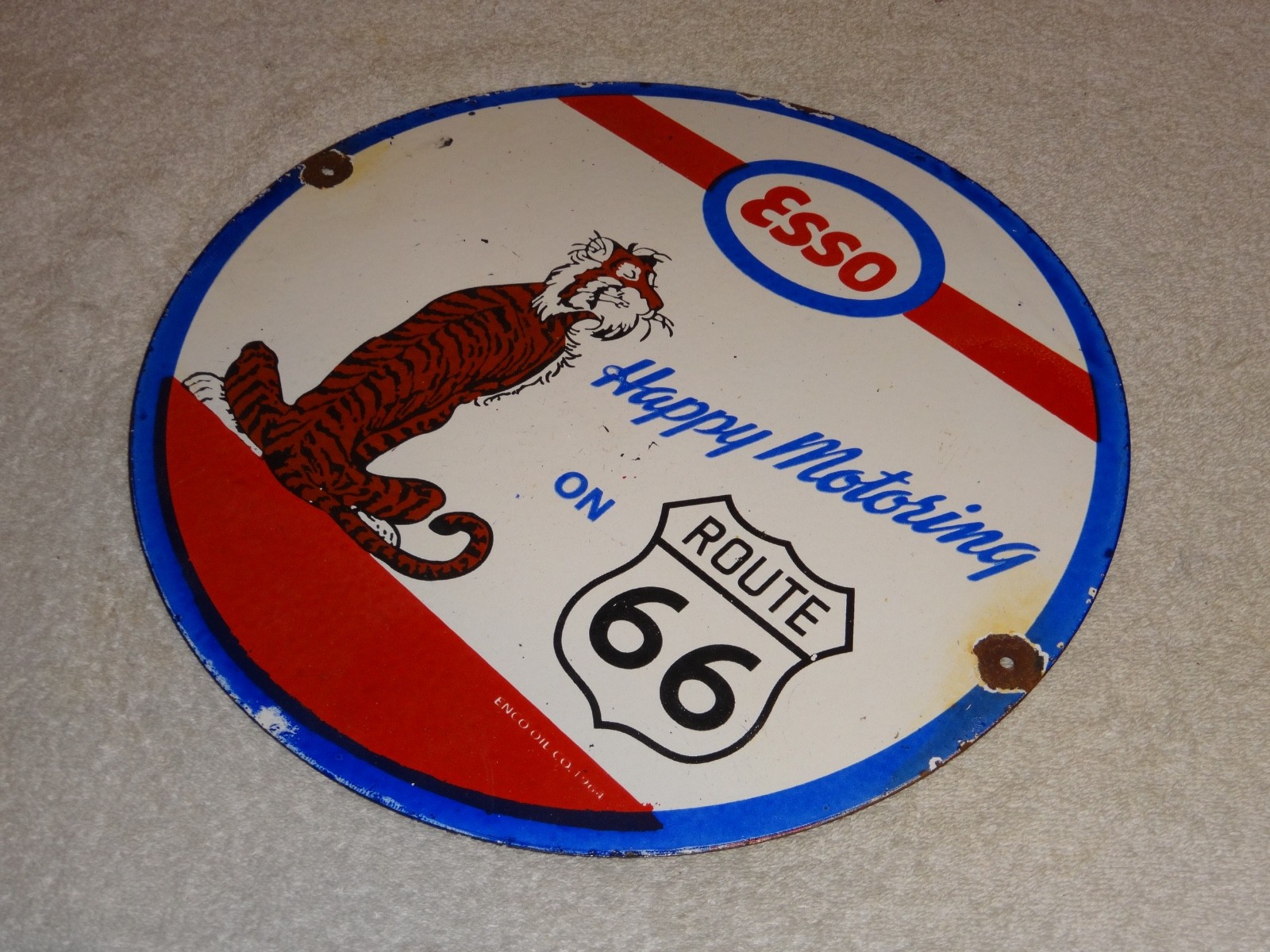 VINTAGE 1964 ESSO PUT A TIGER IN GAS TANK +ROUTE 66 11 3/4" PORCELAIN METAL SIGN
