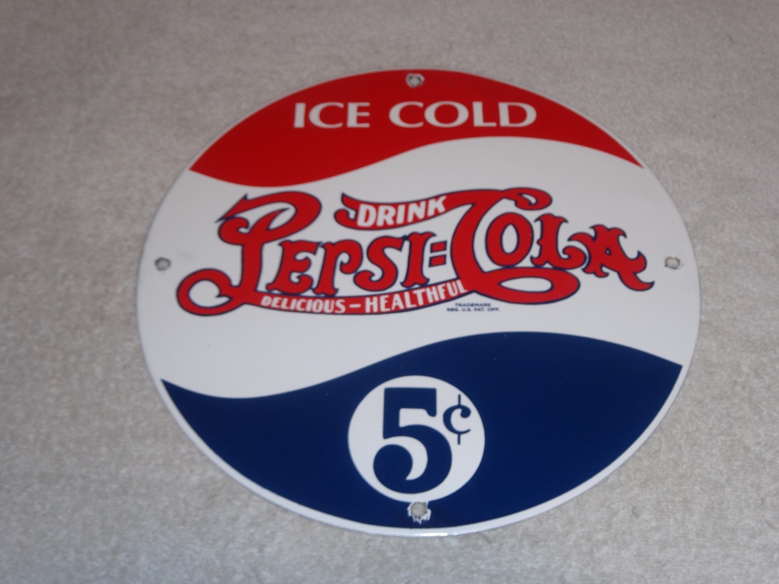 VINTAGE DRINK PEPSI COLA 5 CENTS! 11 3/4" PORCELAIN METAL SODA GASOLINE OIL SIGN