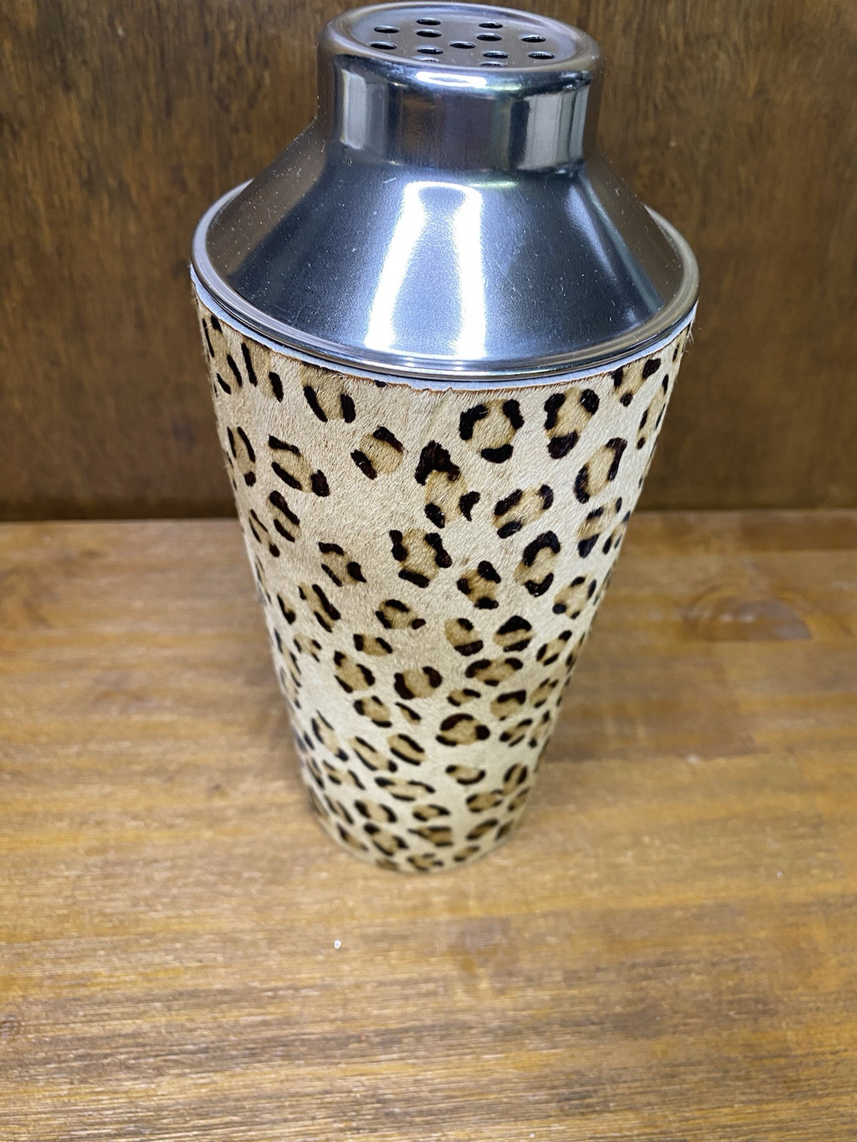 Cynthia Rowley Cocktail Shaker Leopard Print Pony Hair Bar Accessories