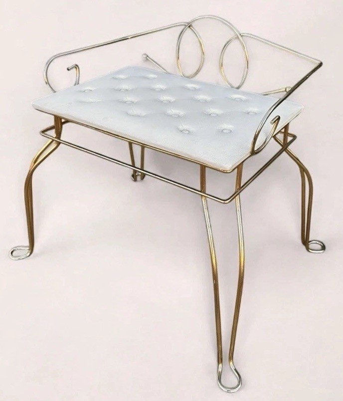 Vanity Bench White Tufted Seat Gold Metal Pearl Wick Vintage Stool