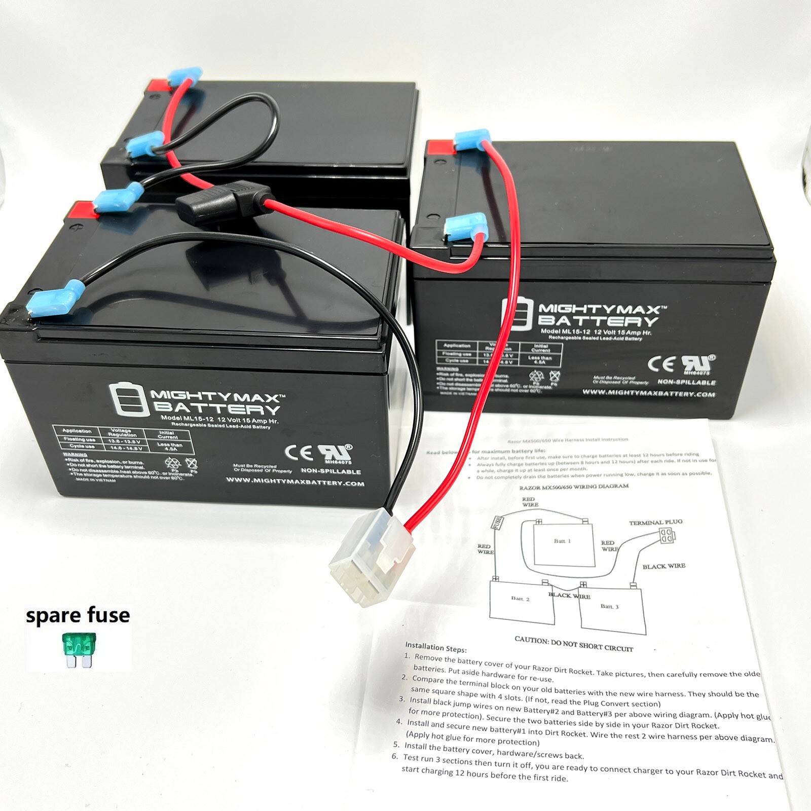 15Ah High Capacity Battery Pack with Wire for Razor SX/MX500/MX650 36V Dirt Bike