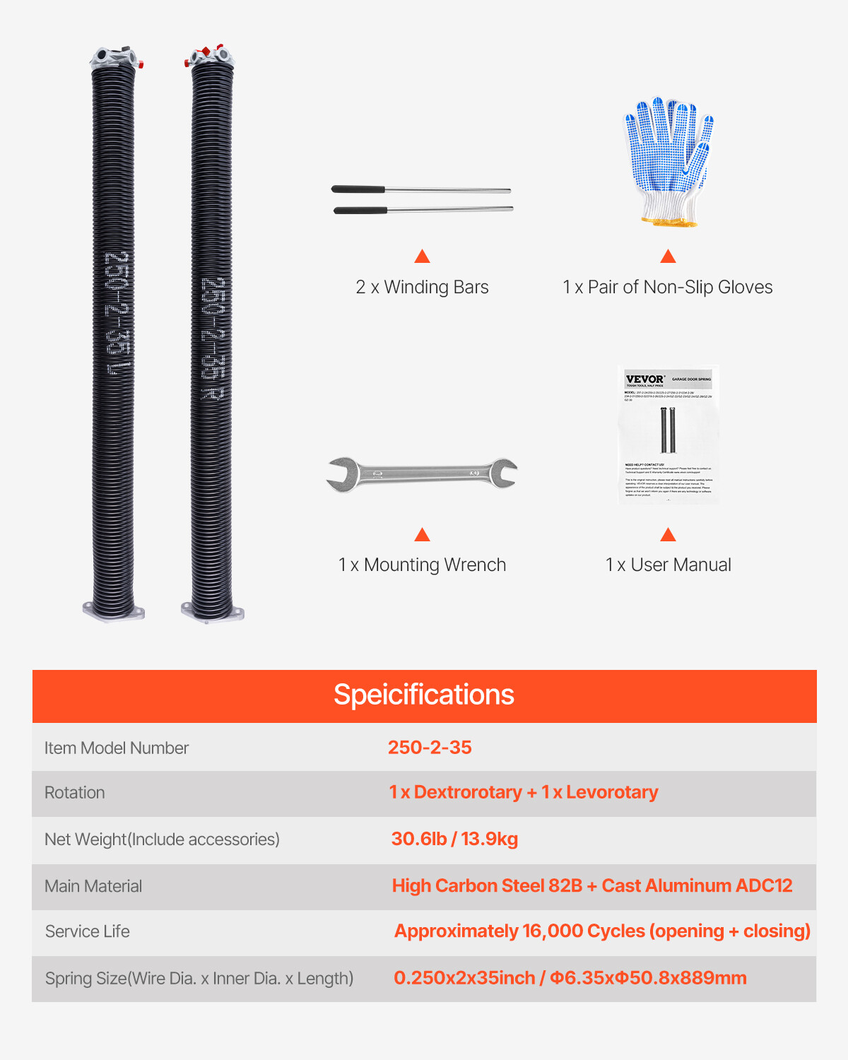 Garage Door Torsion Springs Pair of 0.250 x 2 x 35 inch with Winding Bars