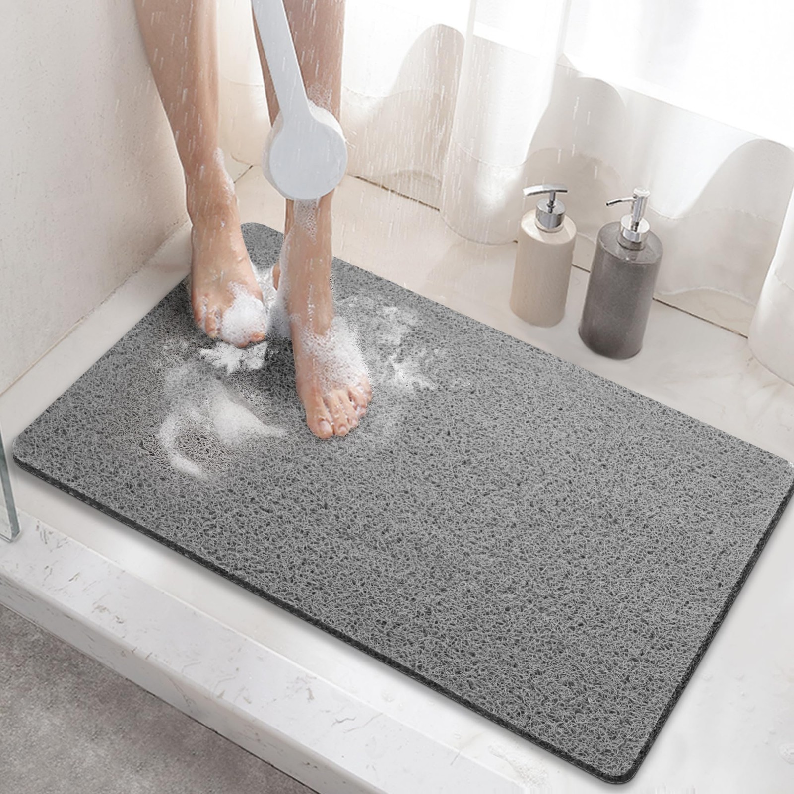 Bath Mat Non Slip, PVC Loofah Shower Mat For Tub, 24x16 Inch, Quick Dry, Grey