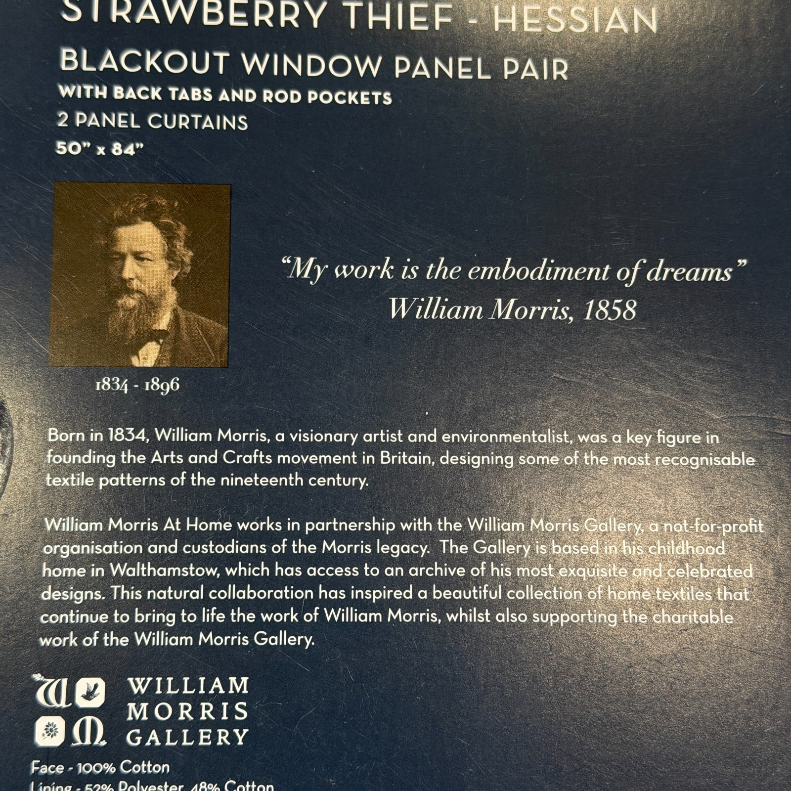 William Morris Strawberry Thief Hessian Blackout Curtain Panel Pair 50"x84” NEW