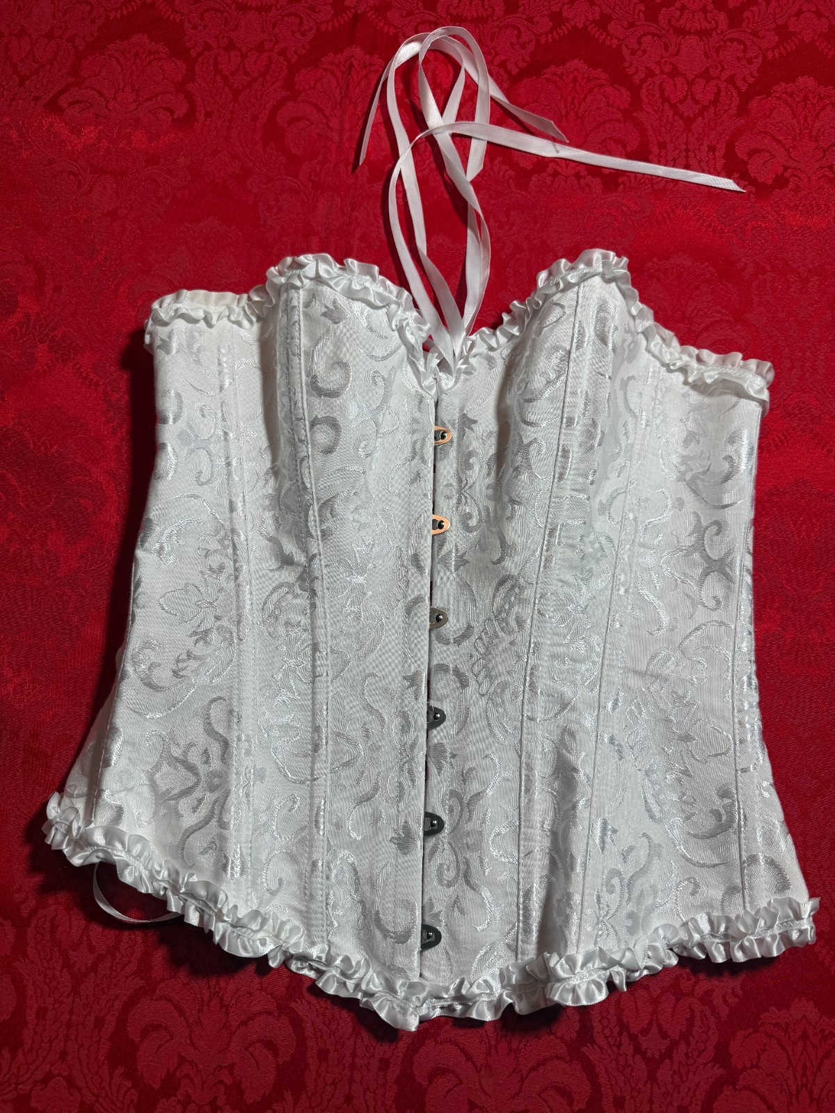 Sexy Satin White Lace Up Bustier Overbust Boned Corset Lingerie  Women's Size M