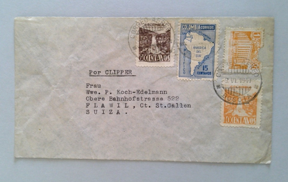 COLOMBIA 1947 BOGOTA to Switzerland Airmail Cover - "Por CLIPPER" Pan Am Routing