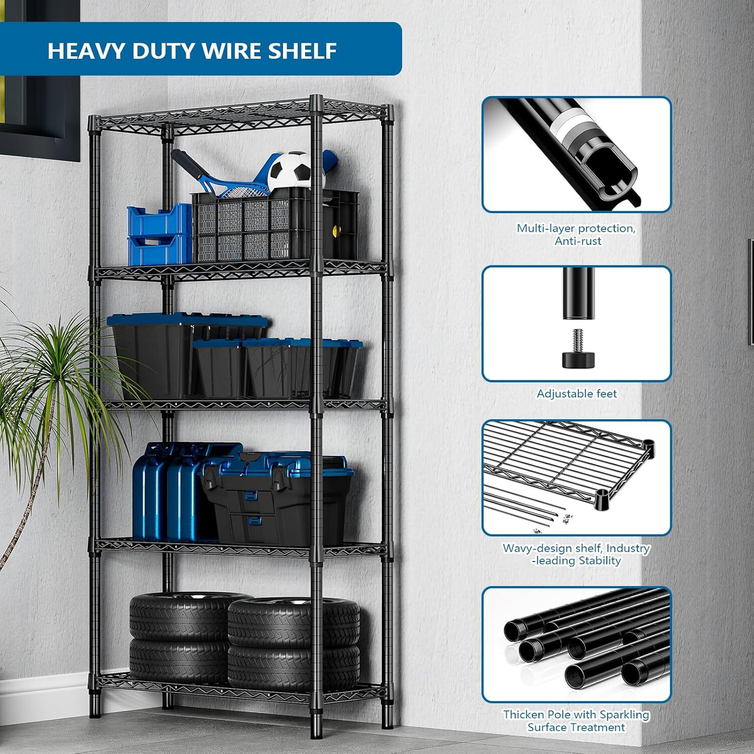 5 Tier Heavy Duty Shelving Unit Wire Shelf Rack Garage Storage 13.8"x35.4"x70.4"