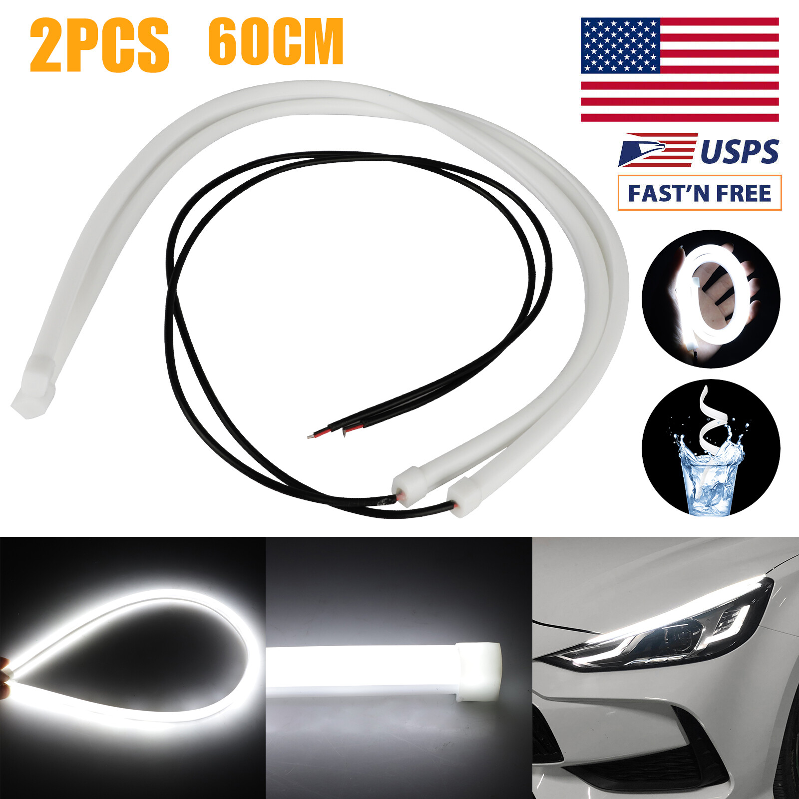 2X White 60cm Flexible Tube LED Strip Daytime Runnning DRL Light Headlight Lamp