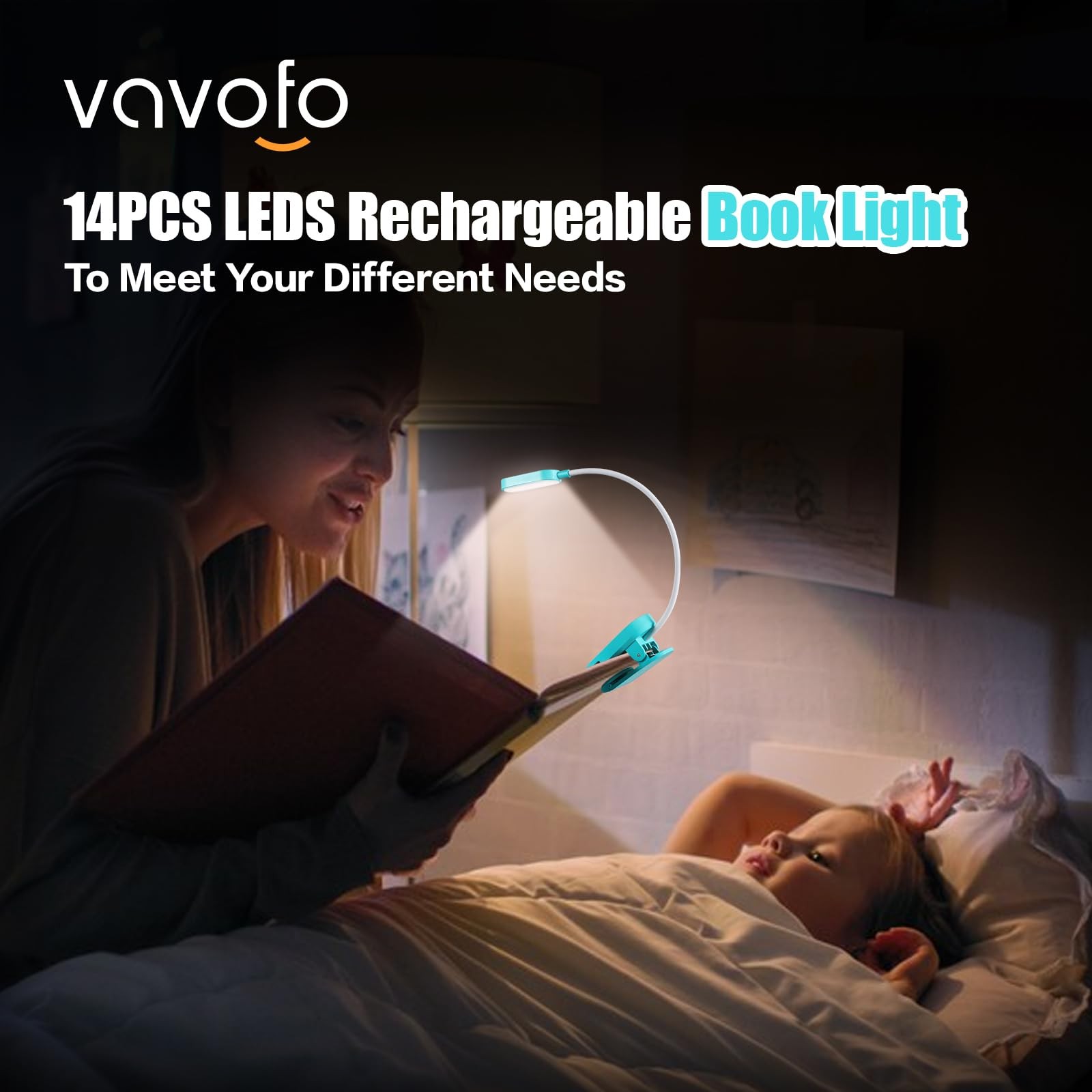 VAVOFO Rechargeable Book Light, 14 LEDs 3.94 x 1.97 x inches, Lake Blue