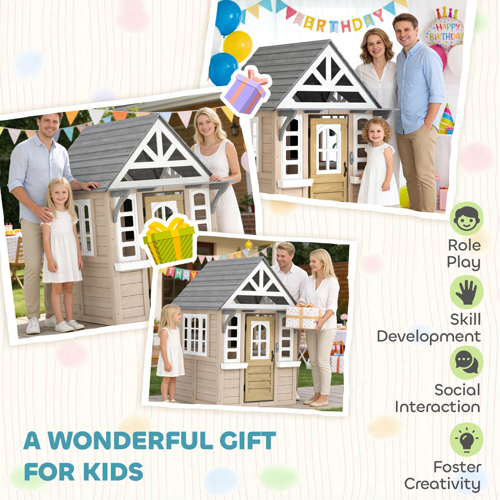 Qaba Outdoor Playhouse, Wooden Kids Playhouse with Dog Door, Cookware, Bell