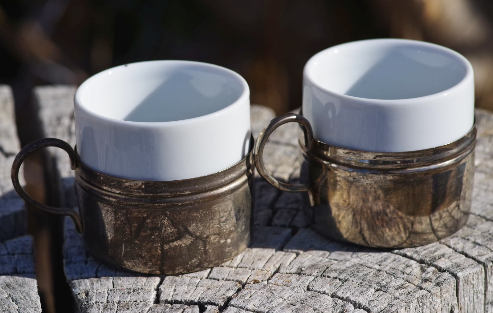 Antique Silverplate Porcelain Demitasse Cup Espresso Set of 2 RARE FIND!