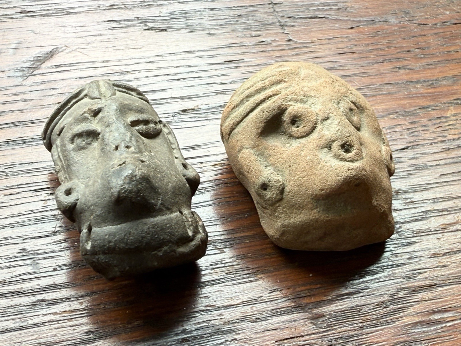 Pre Columbian Fragment Stone & Clay Effigy Heads (2)