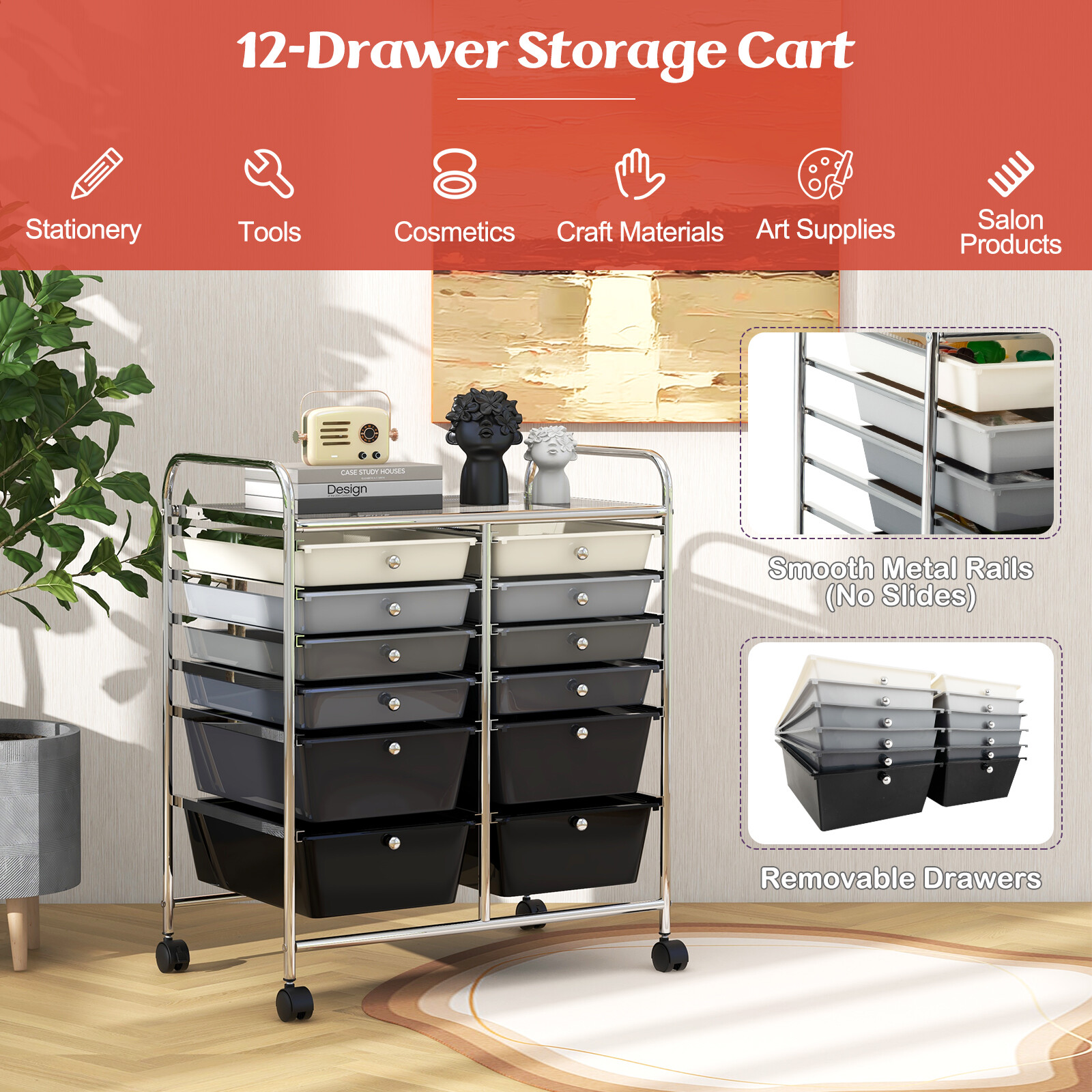 12-Drawer Rolling Storage Cart w/ 2 Sizes Plastic Drawers Gradient Grey