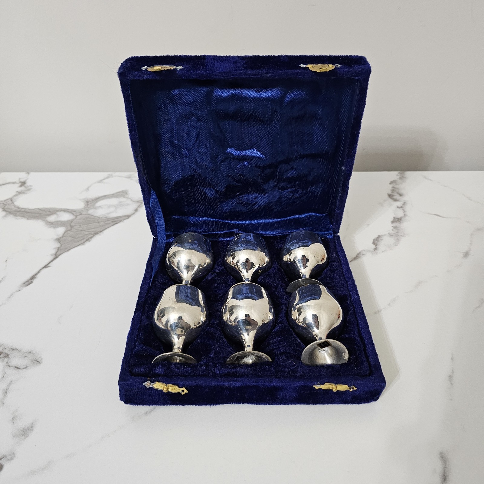 Silver Plated Goblets Set of 6 Small Sherry Cups 2.25" Velvet Case Vintage
