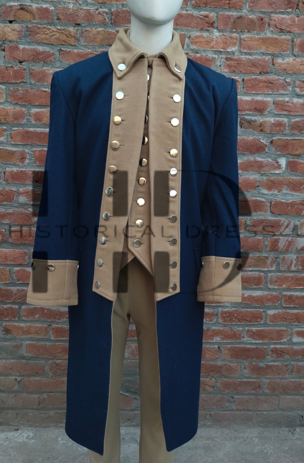 Revolutionary War Uniform Officer Regimental Navy Blue Men's American Coat+Waist