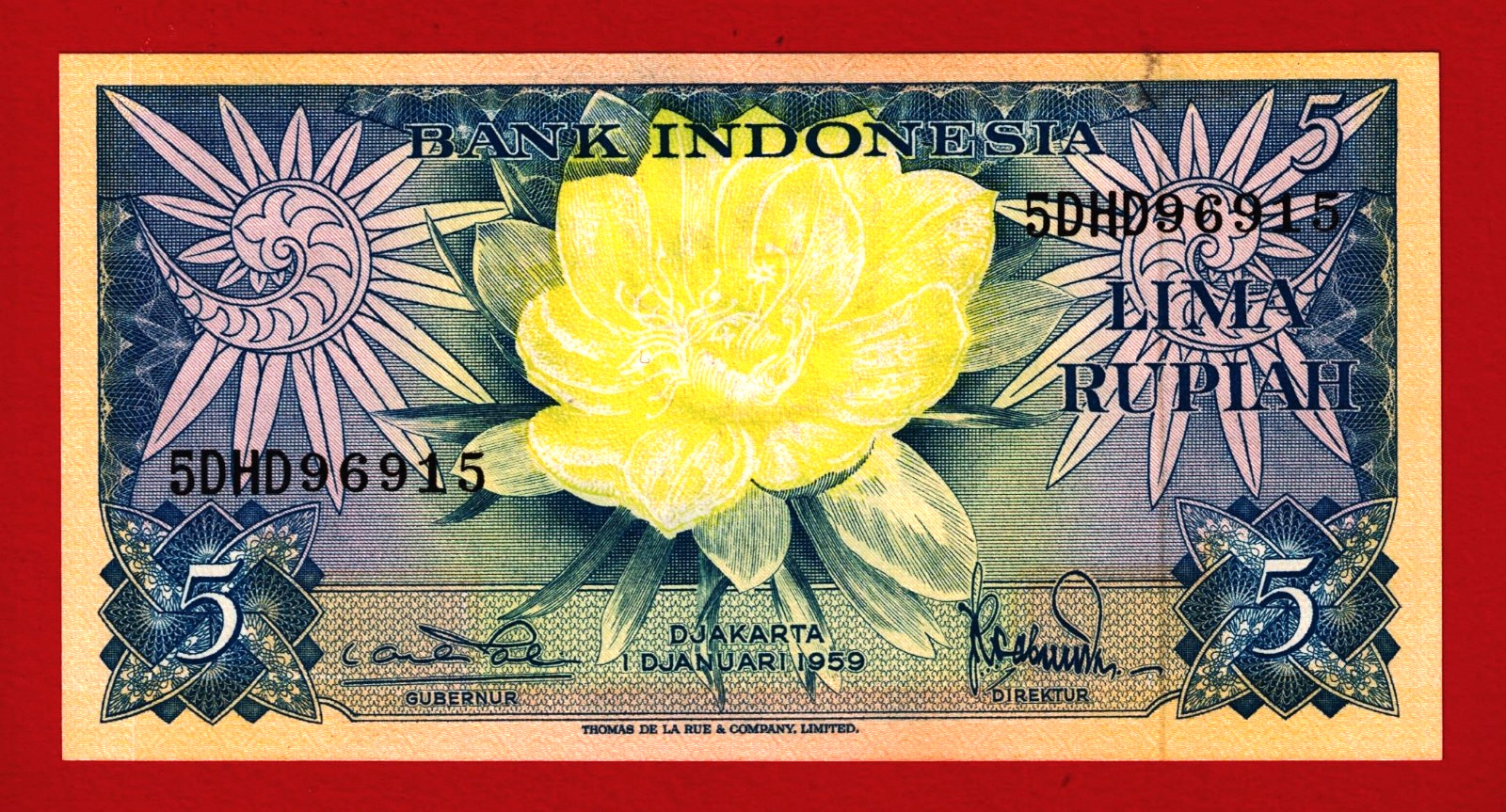 INDONESIA 5 Rupiah 1959 INDONESIA UNC Note, Prefix: 'DHD' (P-65a.3) FLOWER BIRDS