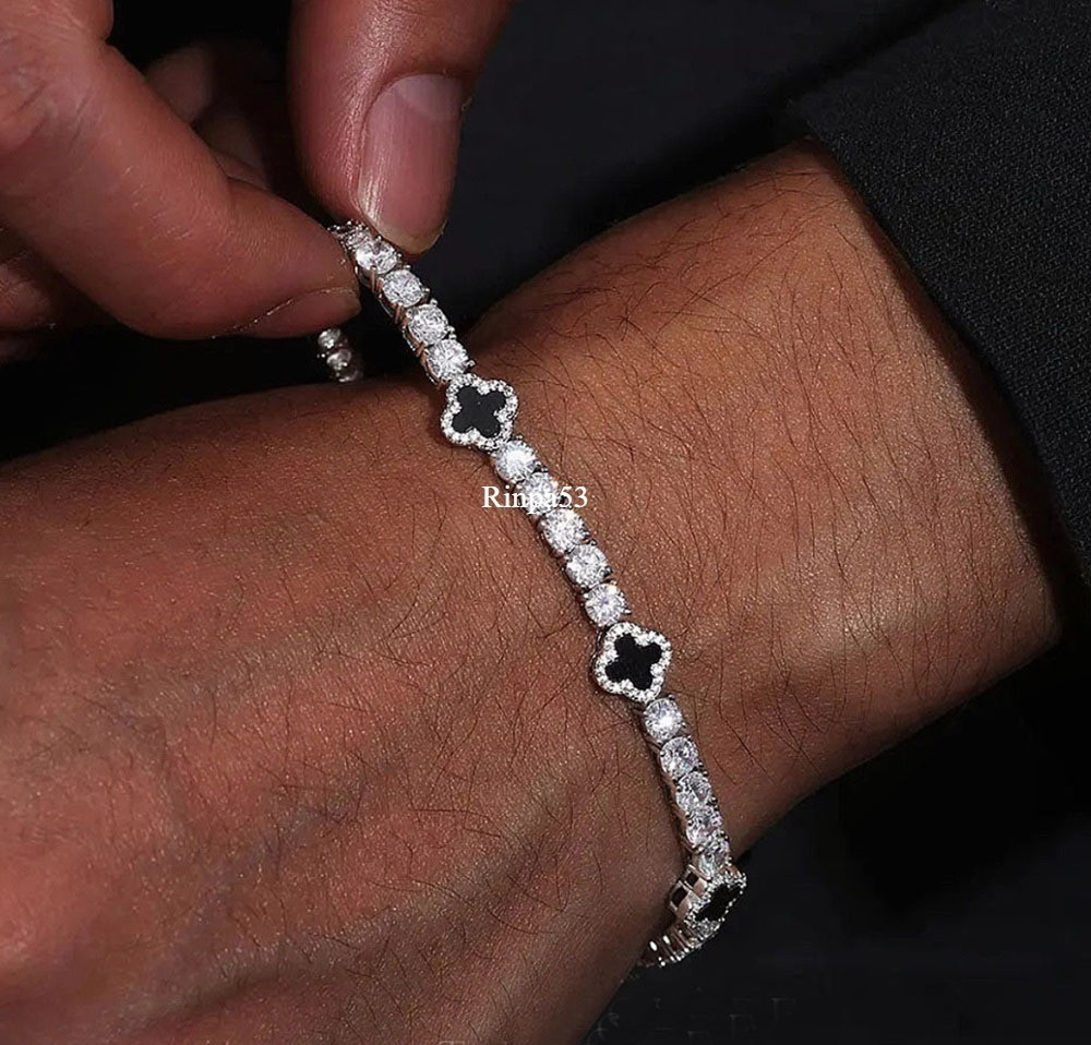 5 CT Lab Created Diamond Black Onyx Clover 925 Sterling Silver Tennis Bracelet