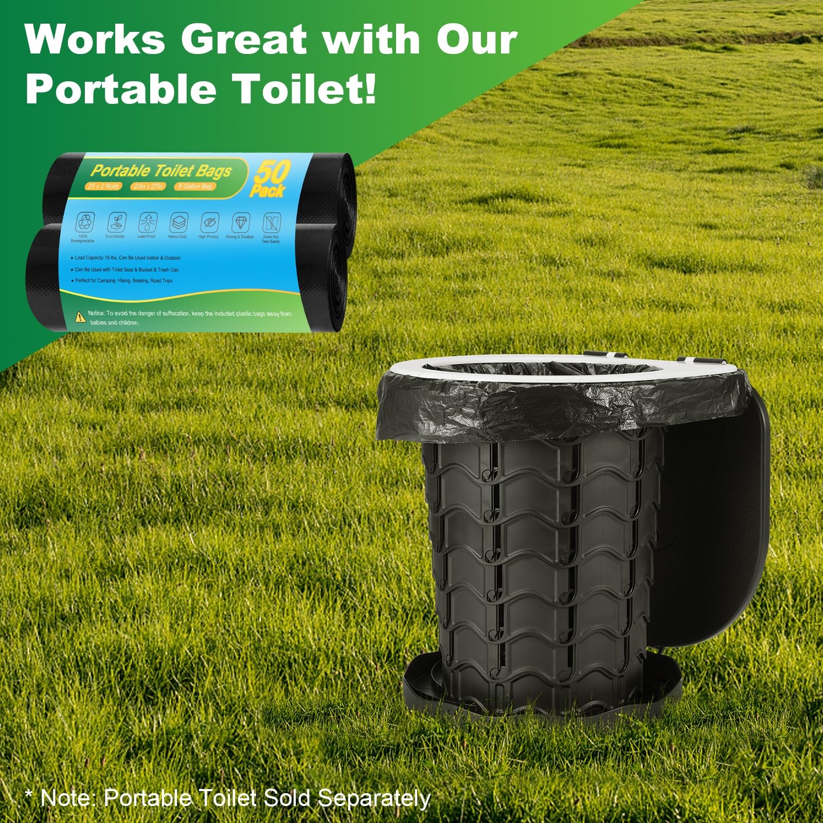 Portable Camping Toilet Bags - 50 Biodegradable Potty Liners for 5-Gallon Bucket