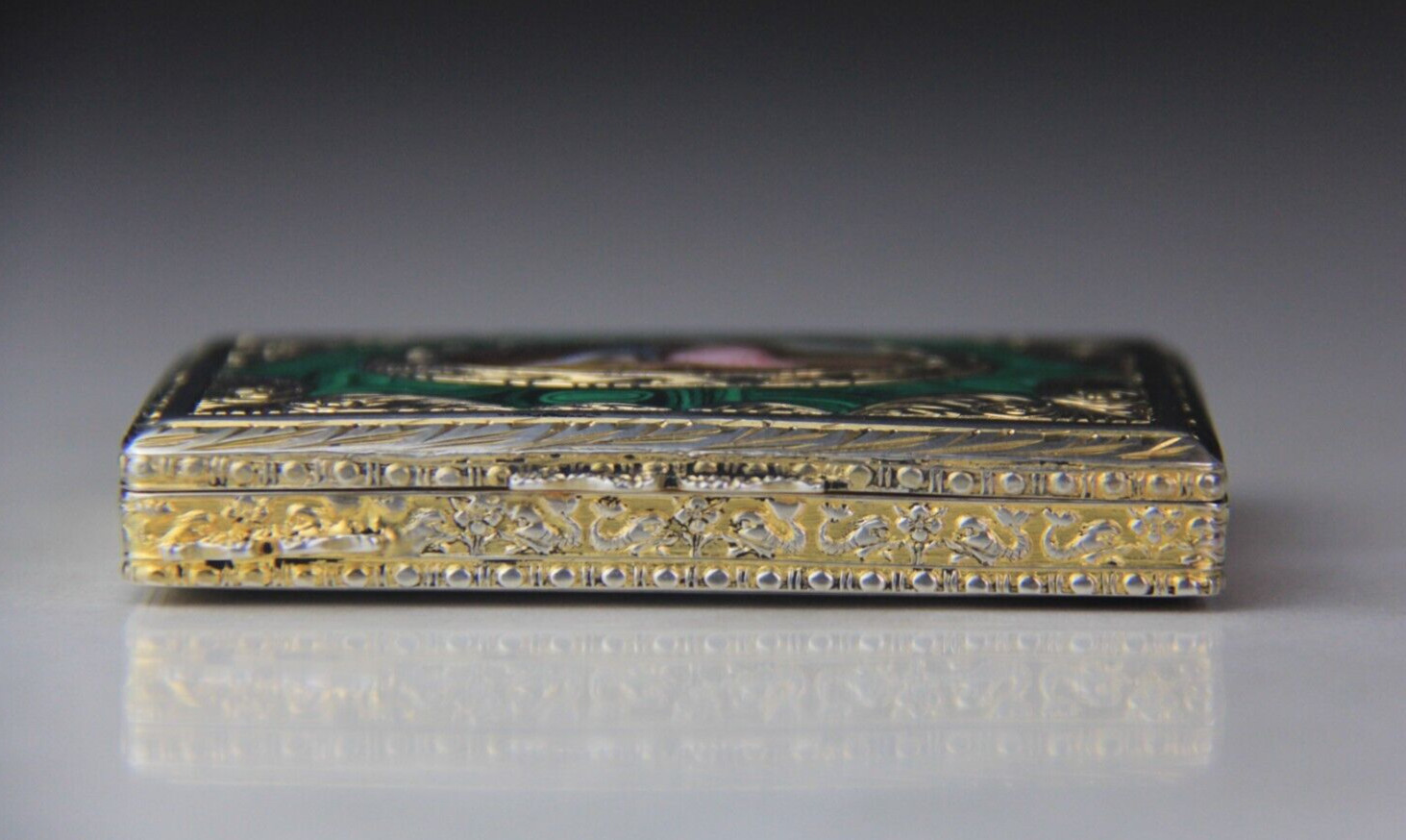 German Parcel Gilt 800 Silver & Enameled Rectangular Snuff Box w/ Courting Scene
