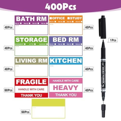 Count Removable Home Moving Labels, 3.4 x 2 inches 9 Color Coded Moving 400