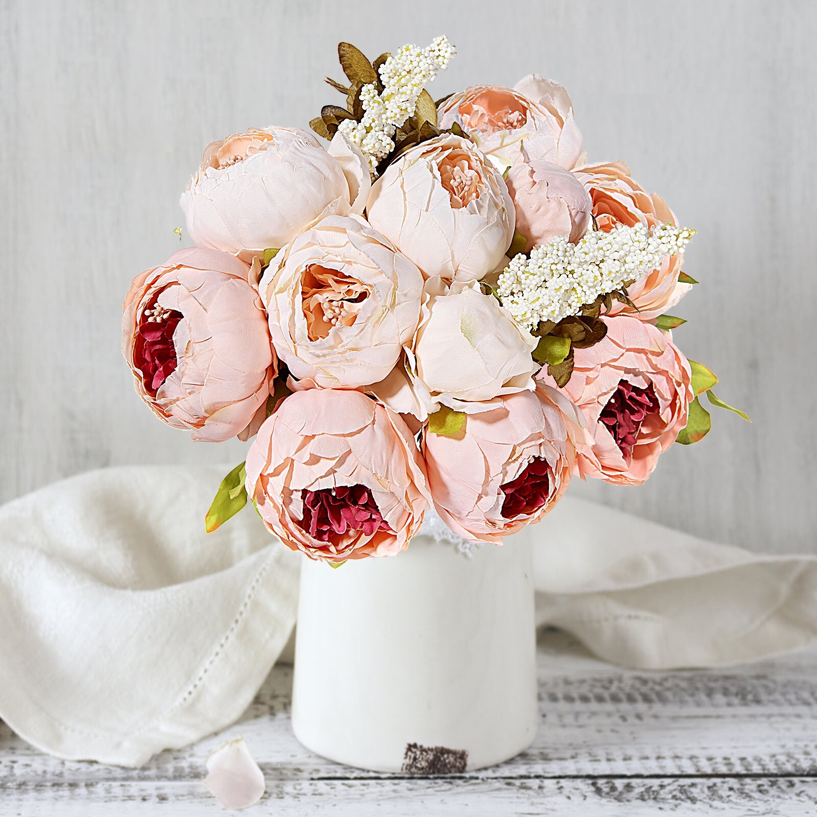 EZFLOWERY 2 PACK Artificial Peony Silk Flowers Arrangement Bouquet - Peach