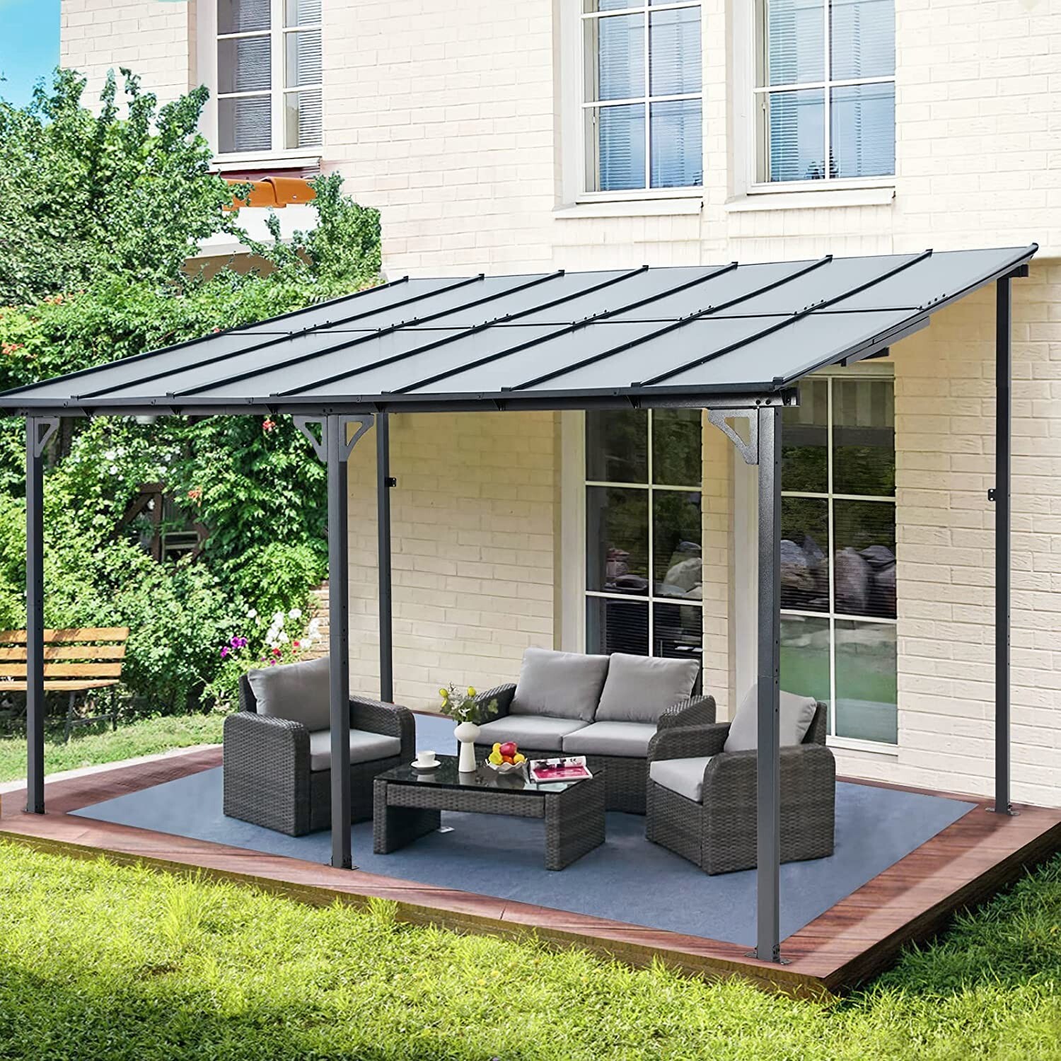 Patio Metal Pergola Gazebo Wall-Mounted Shelter Rectangle SunShade W/ Hard Top