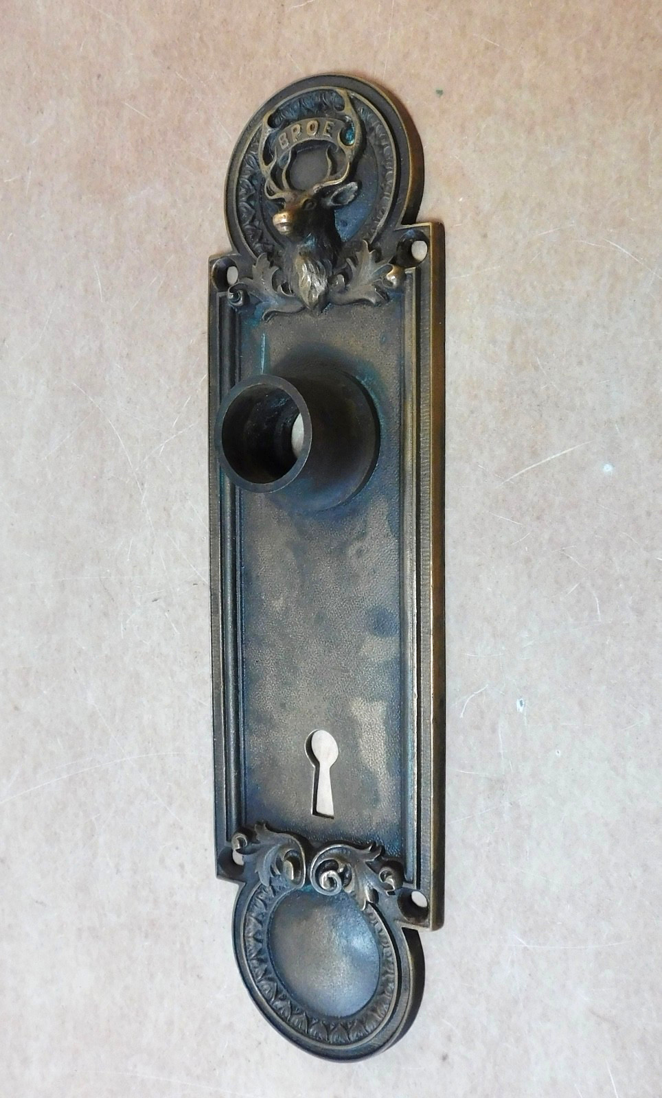 Antique BPOE Elk door back plate cast brass bronze emblematic escutcheon