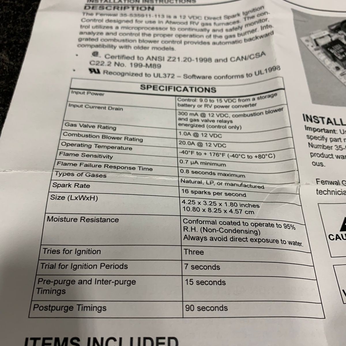 FENWAL RV Heater Control Board 35-535811-113