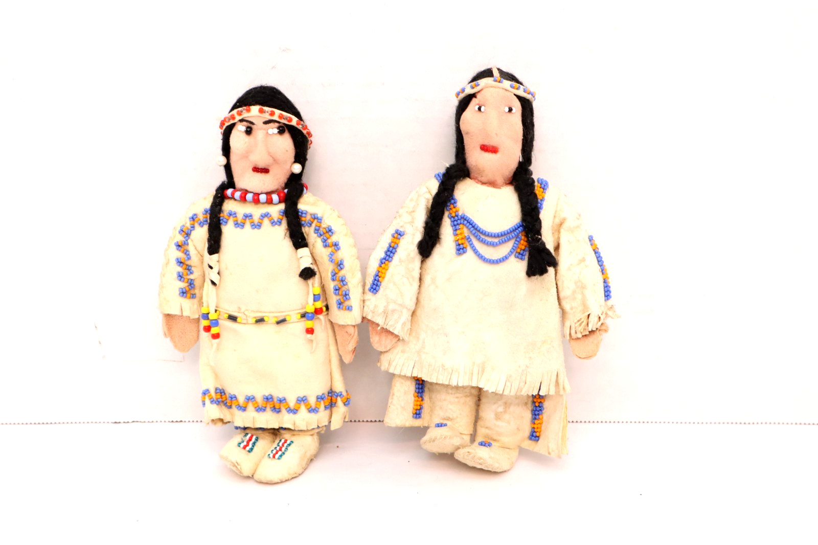 SET 2 VTG Native American Dolls Beaded Sioux Indian W Leather Couple Fridge 7"