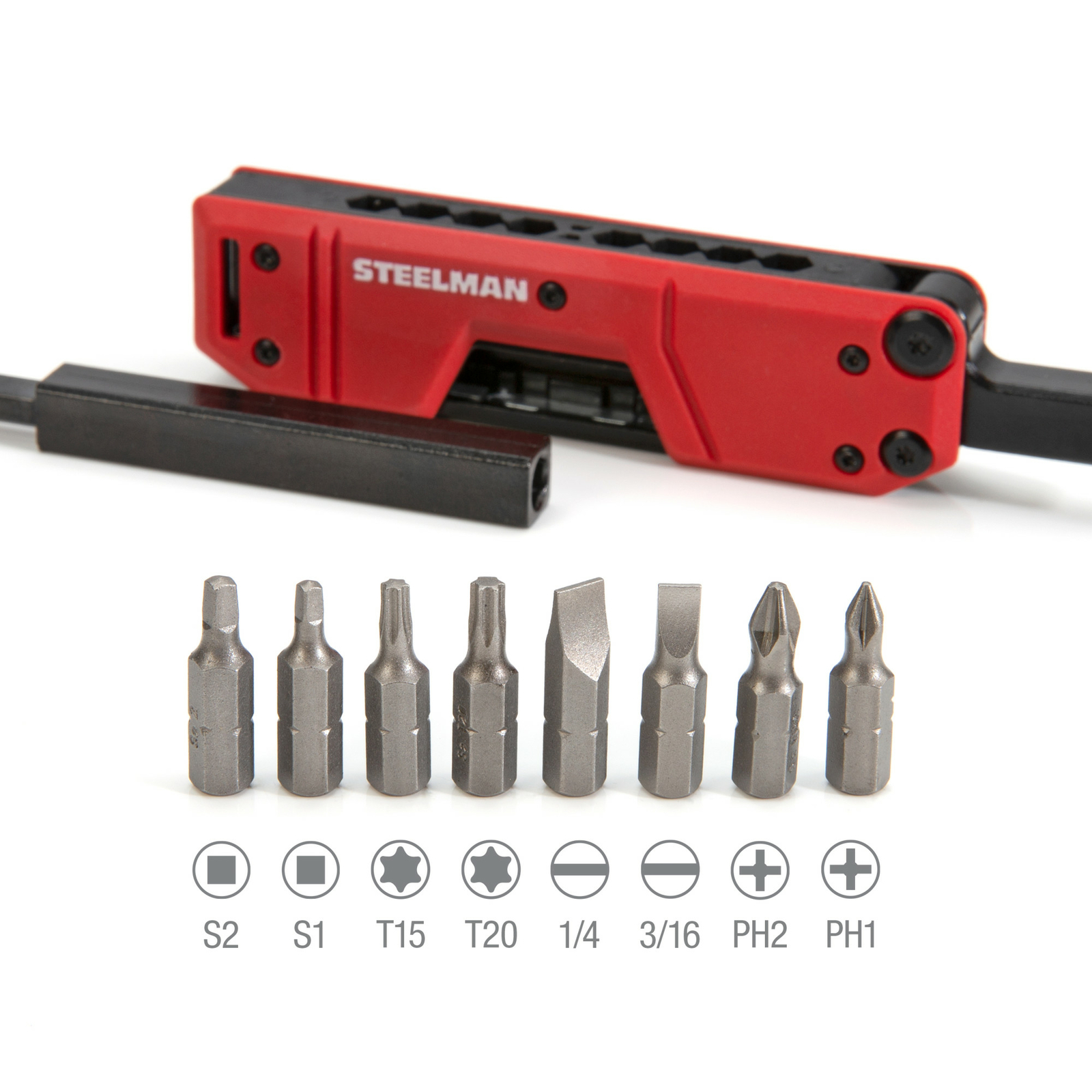 Steelman Folding Pocket Magnetic EDC Screwdriver with 8pc Bit Set, Red 60713