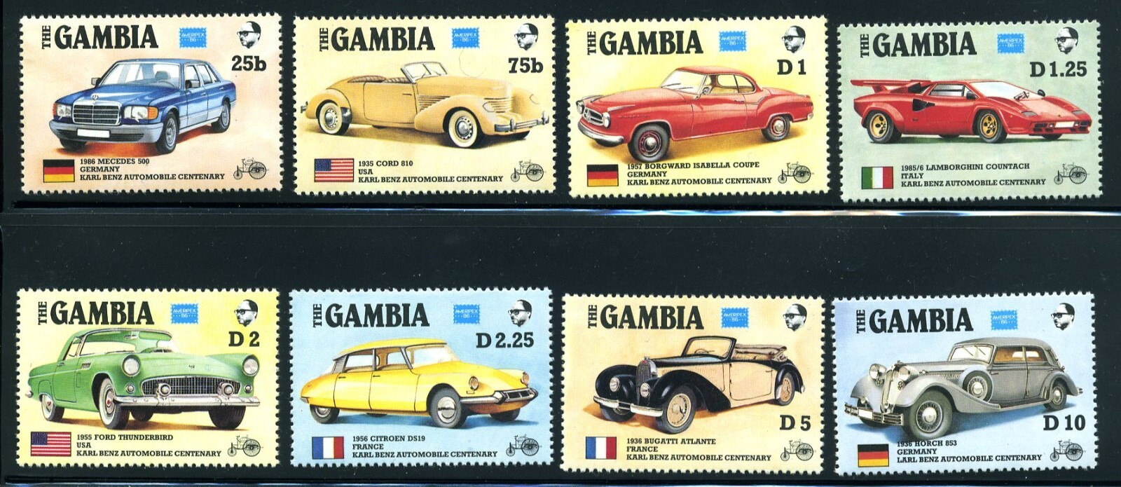 Gambia - Scott #620-627 MNH stamp set - Cars Automobiles Mercedes Ford 1986