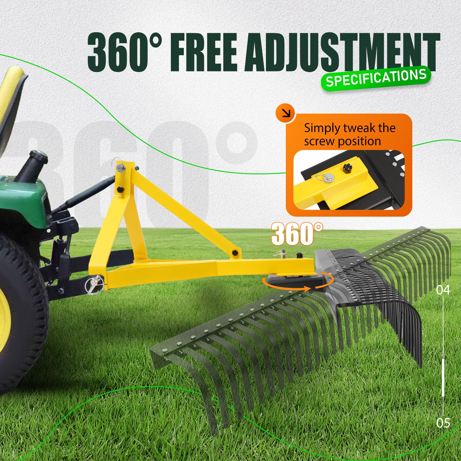 3-Point 60" 5 FT Landscape Rake For Cat 1 Tractors Attachment Soil Gravel Lawn