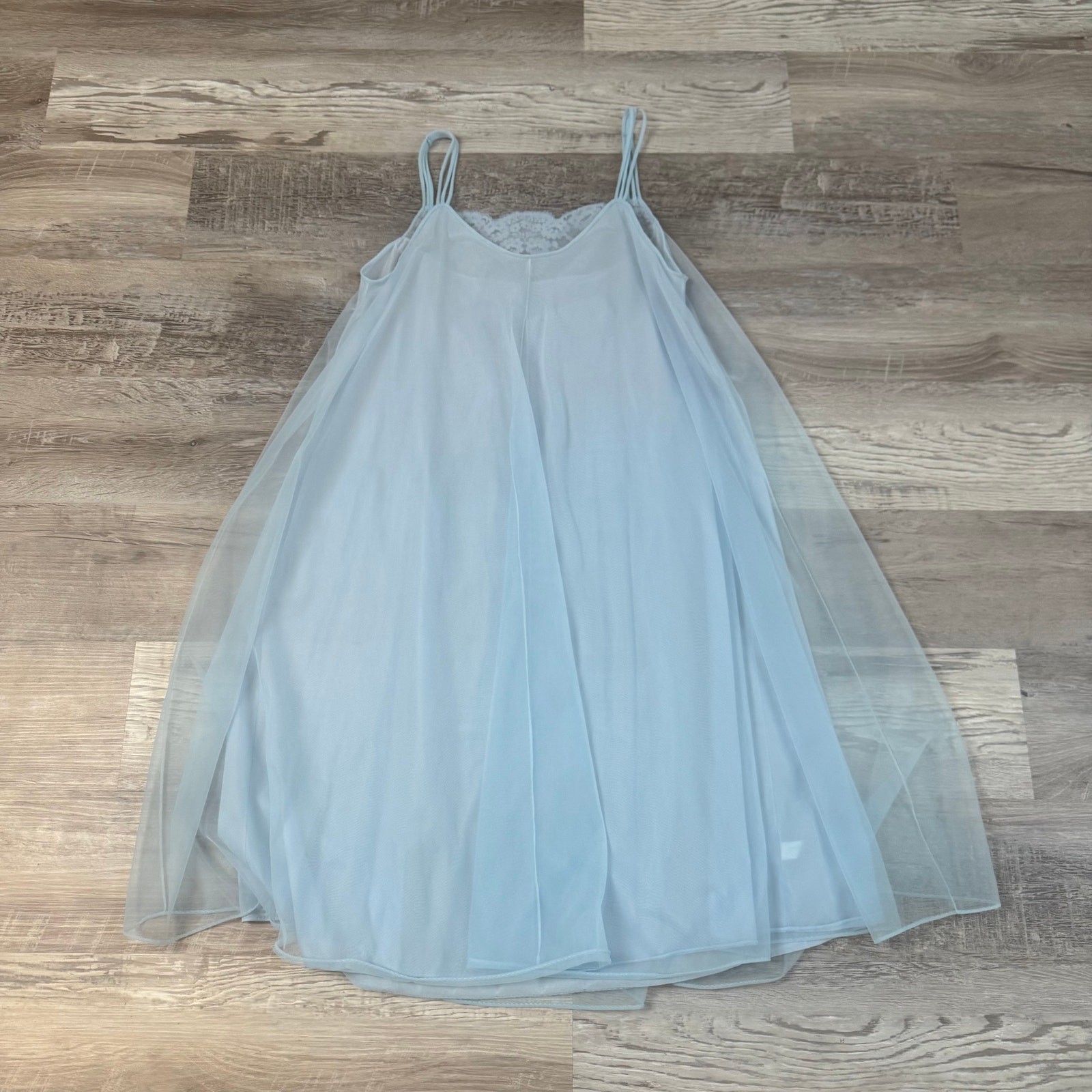Vintage Van Raalte Blue Sheer Nylon Lace Slip Dress Nightgown 60s Small