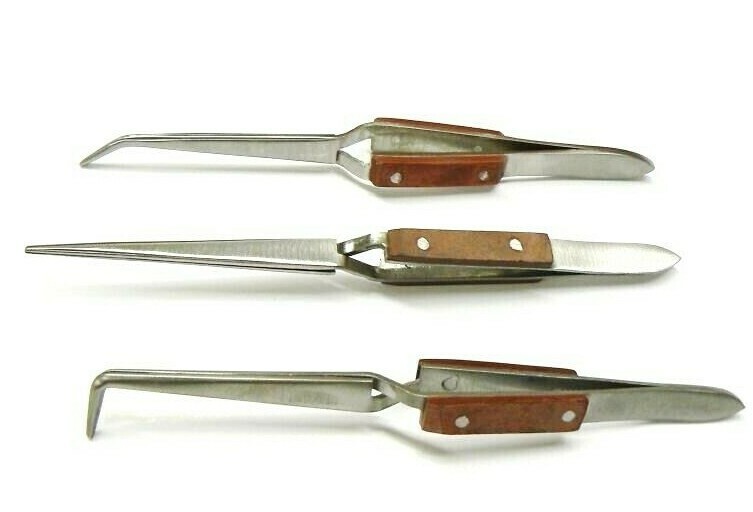 Fiber Grip Cross Lock Tweezers Self Closing 6" Set - Curved + 90° + Straight Tip