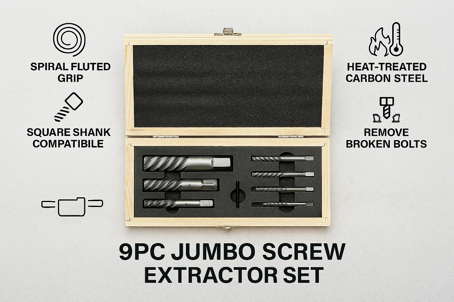 9PC Jumbo Screw Extractor Set | Spiral Fluted Broken Bolt Remover Manual Drive