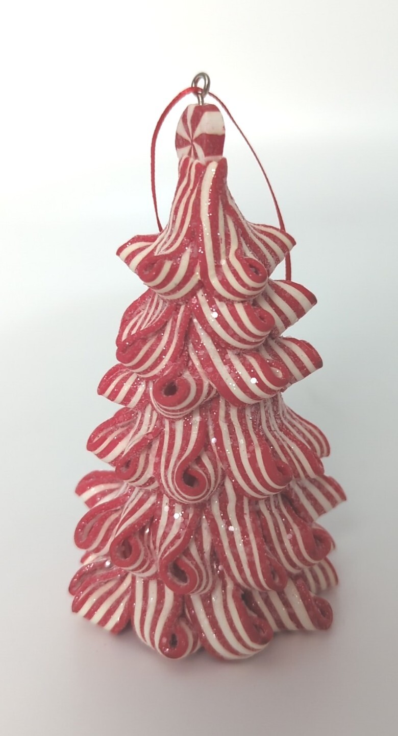 Christmas Peppermint Candy Cane Ribbon Tree Holiday Ornament 4.5" Icy Sparkling