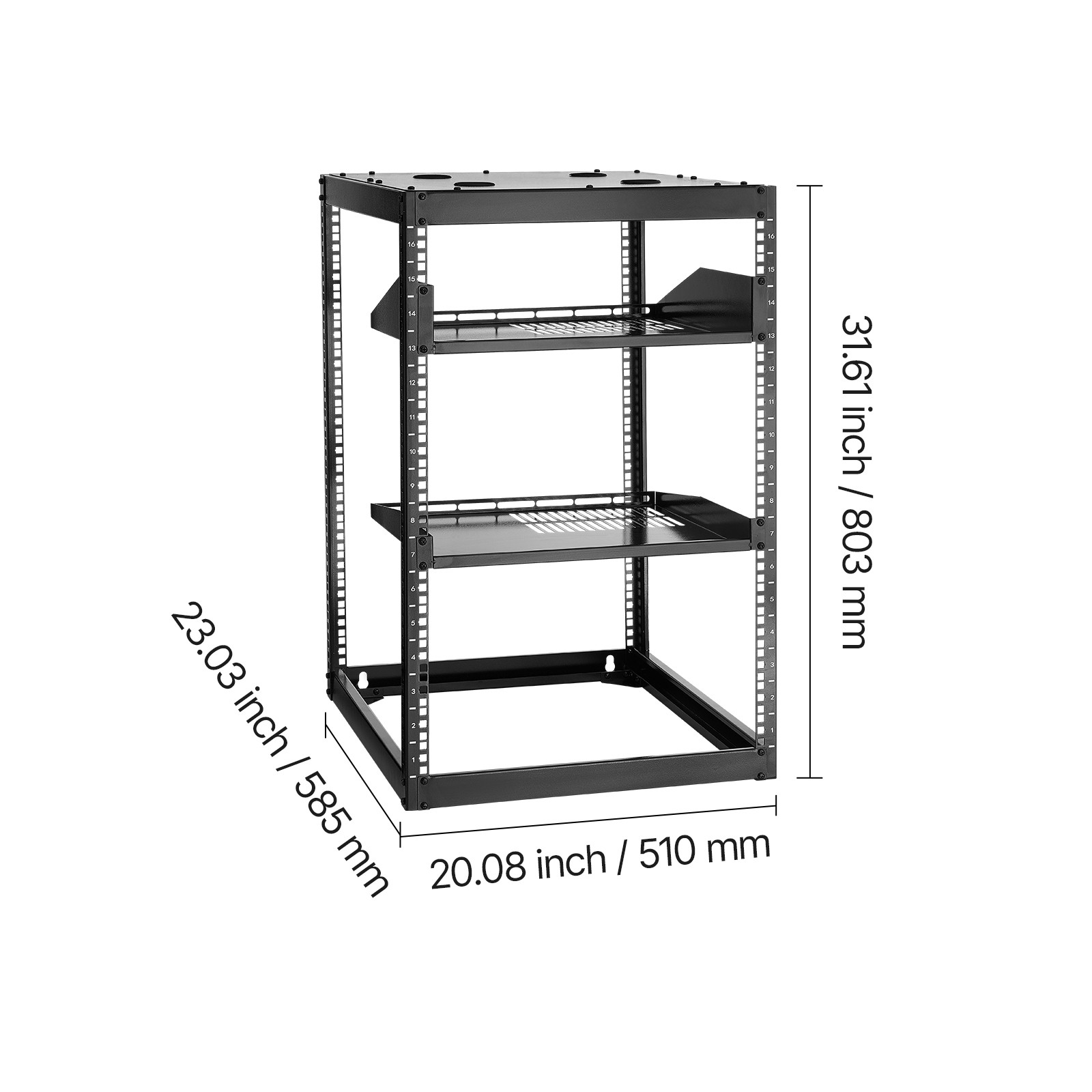 Uimoso 16U Open Frame Wall-Mount Server Rack with Shelves and 4-Post Design