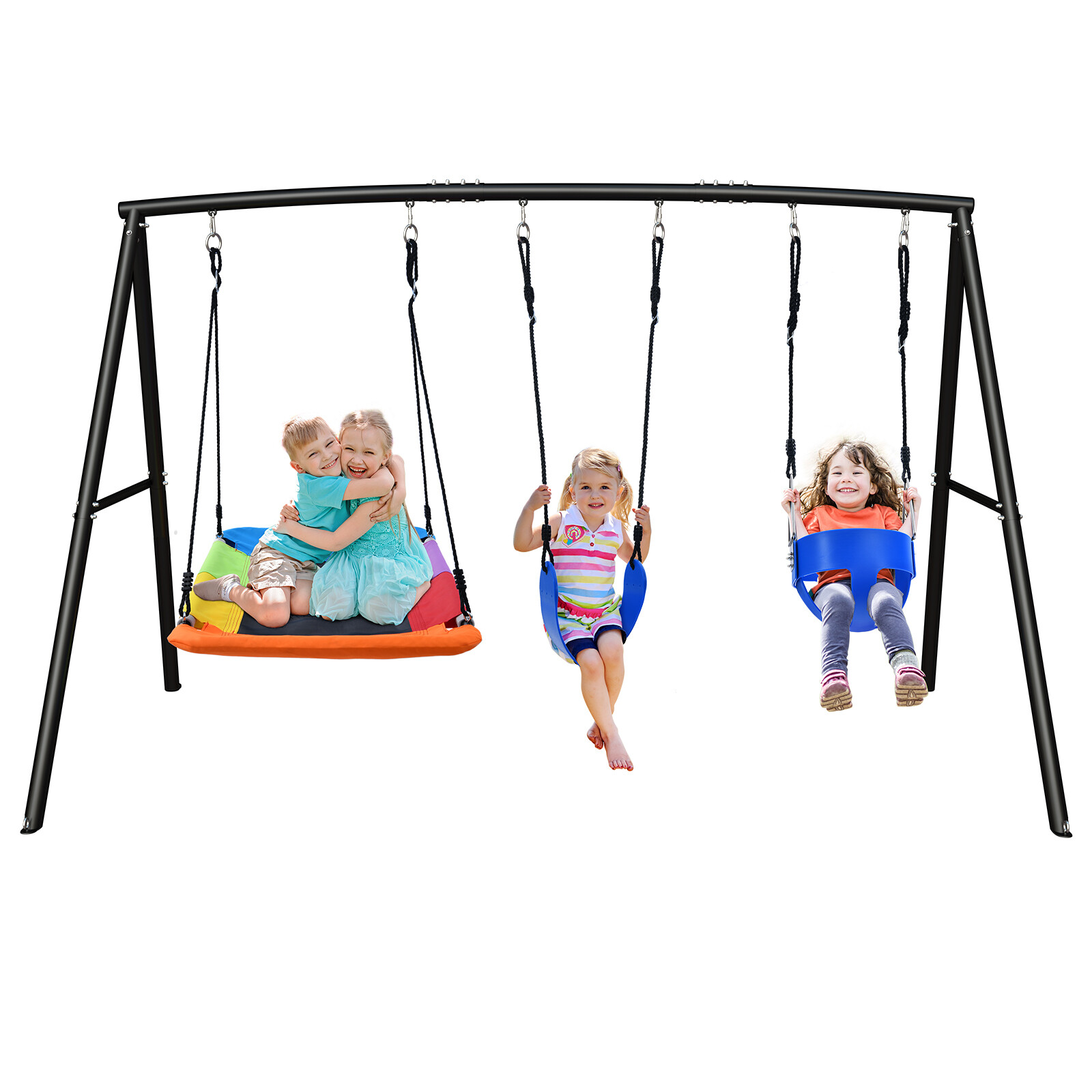 440lbs 4 IN 1 Backyard Metal Swing Set with Three Swing Heavy Duty A-Frame Stand