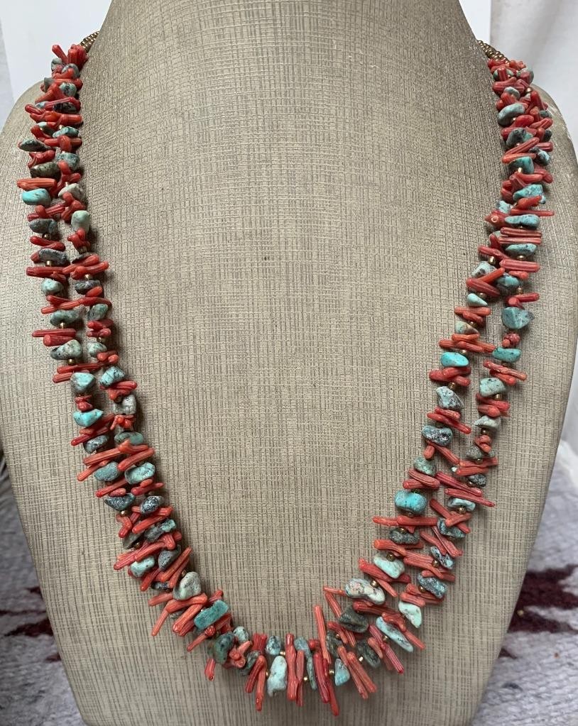 Ethnic multi-strands rustic turquoise/coral necklace22"/(b237-w2)