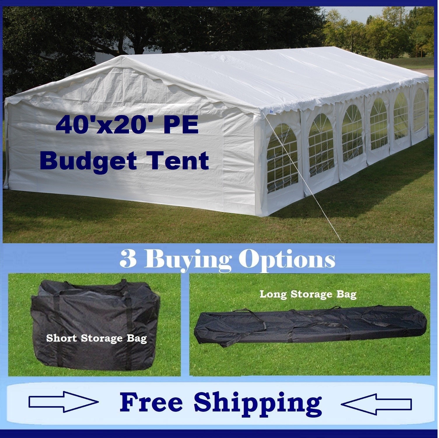 Budget PE Party Canopy - 3 Options - 40'x20' Tent, Short Bag, or Long Bag