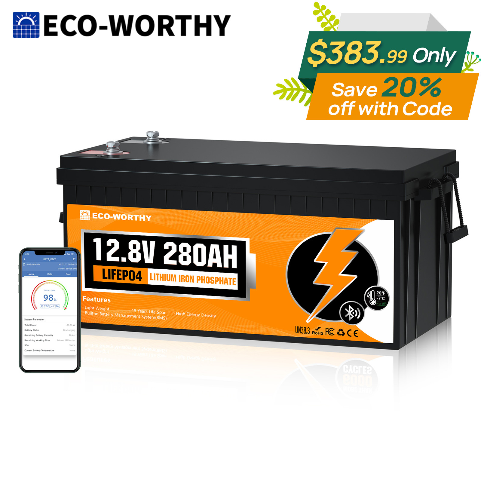 ECO-WORTHY 12V 280Ah 3584Wh 300Ah Bluetooth LiFePO4 Lithium Battery For RV Home