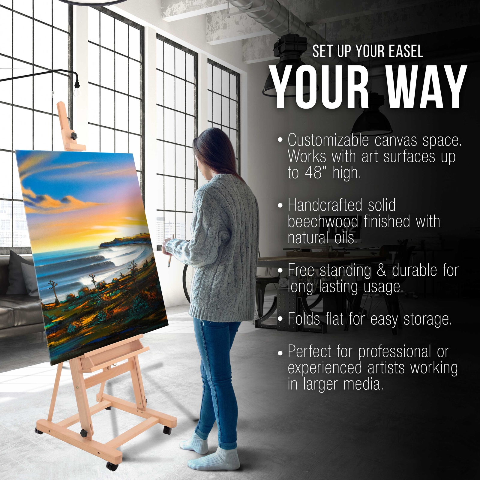 Wooden Beechwood Adjustable H-Frame Studio Easel, Artist Tray Wheels Hold Canvas