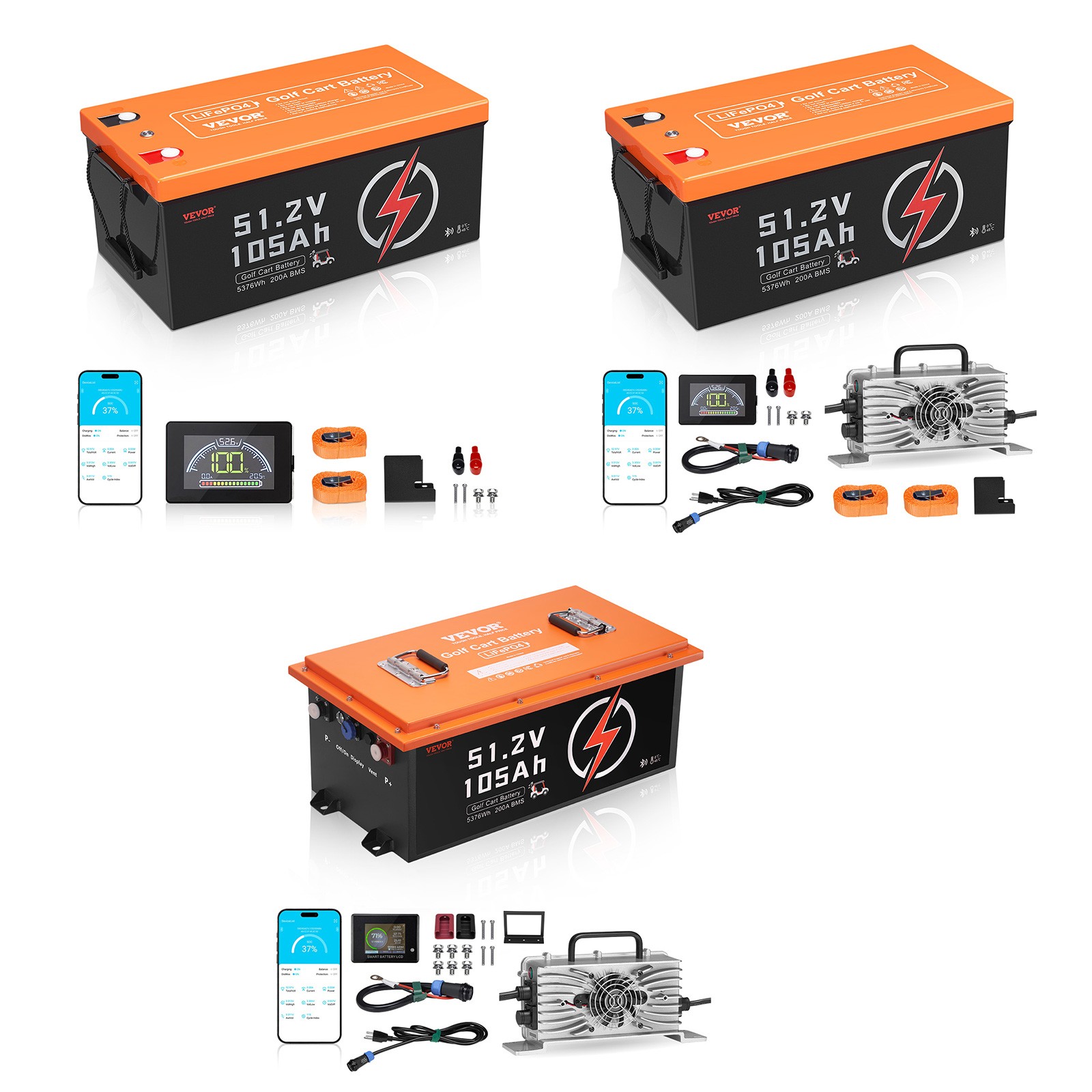 VEVOR 36/48V 105Ah Golf Cart Lithium Battery 20A Charger LCD Touch Monitor