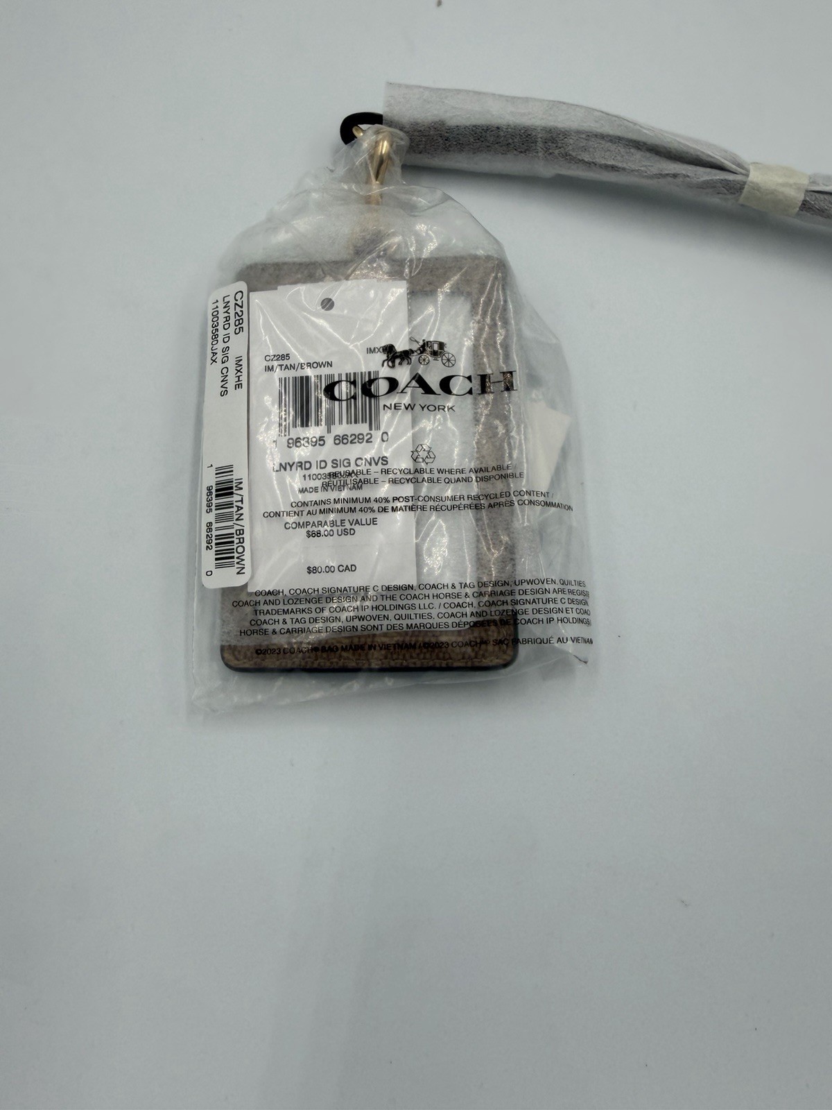 New COACH ID Lanyard Signature Canvas Leather Tan/Brown CZ285