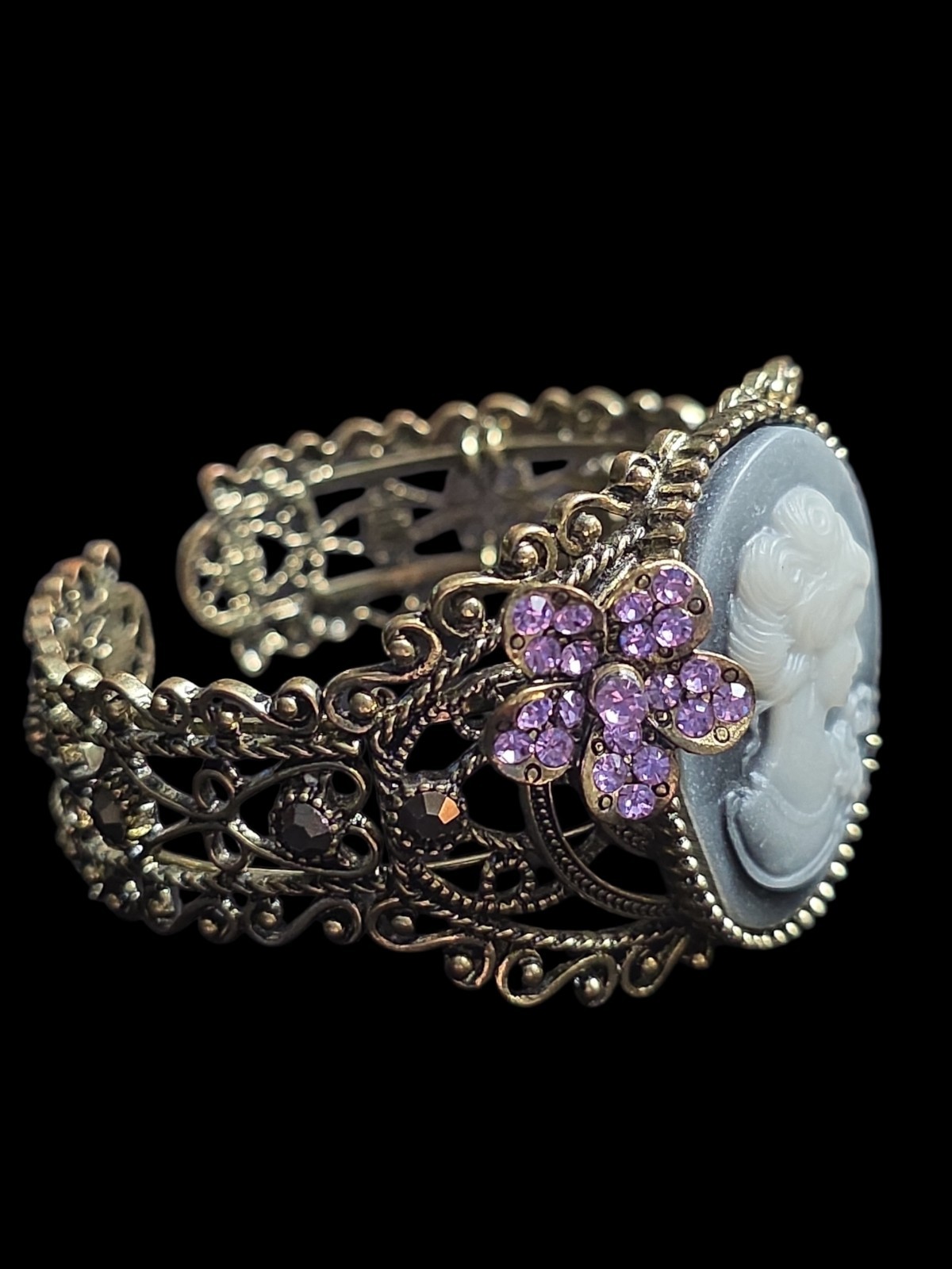Vintage Victorian Rivival Cameo Rhinstone Large Cuff Bracelet