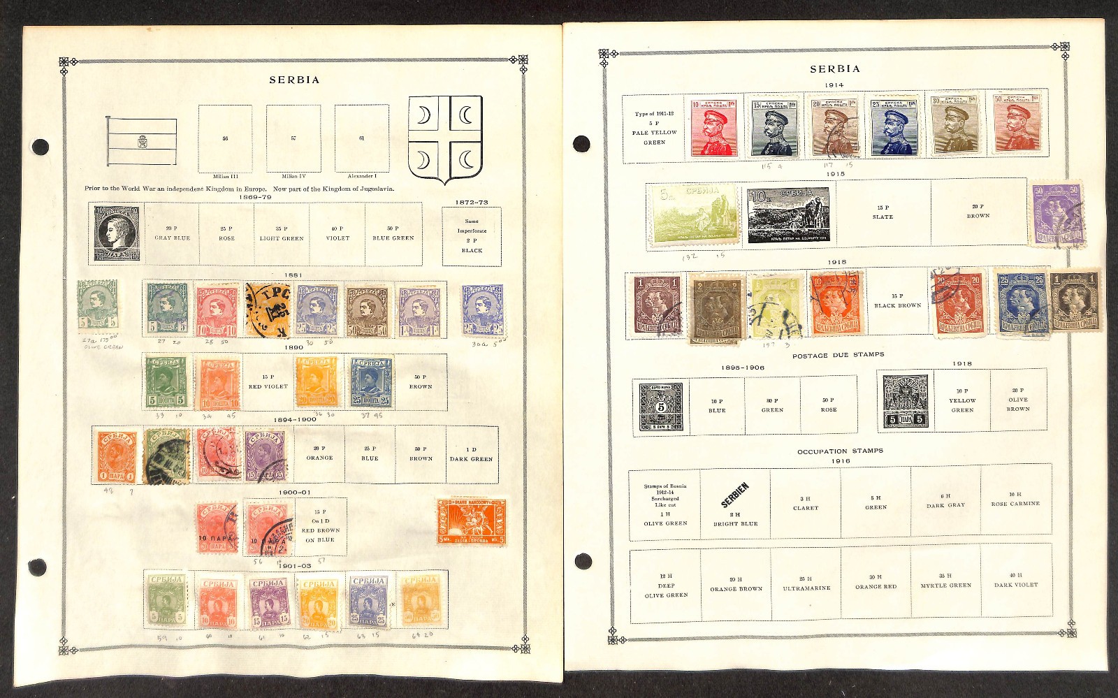 Serbia Stamp Collection on 6 Scott International Pages, 1869-1943 (BA)