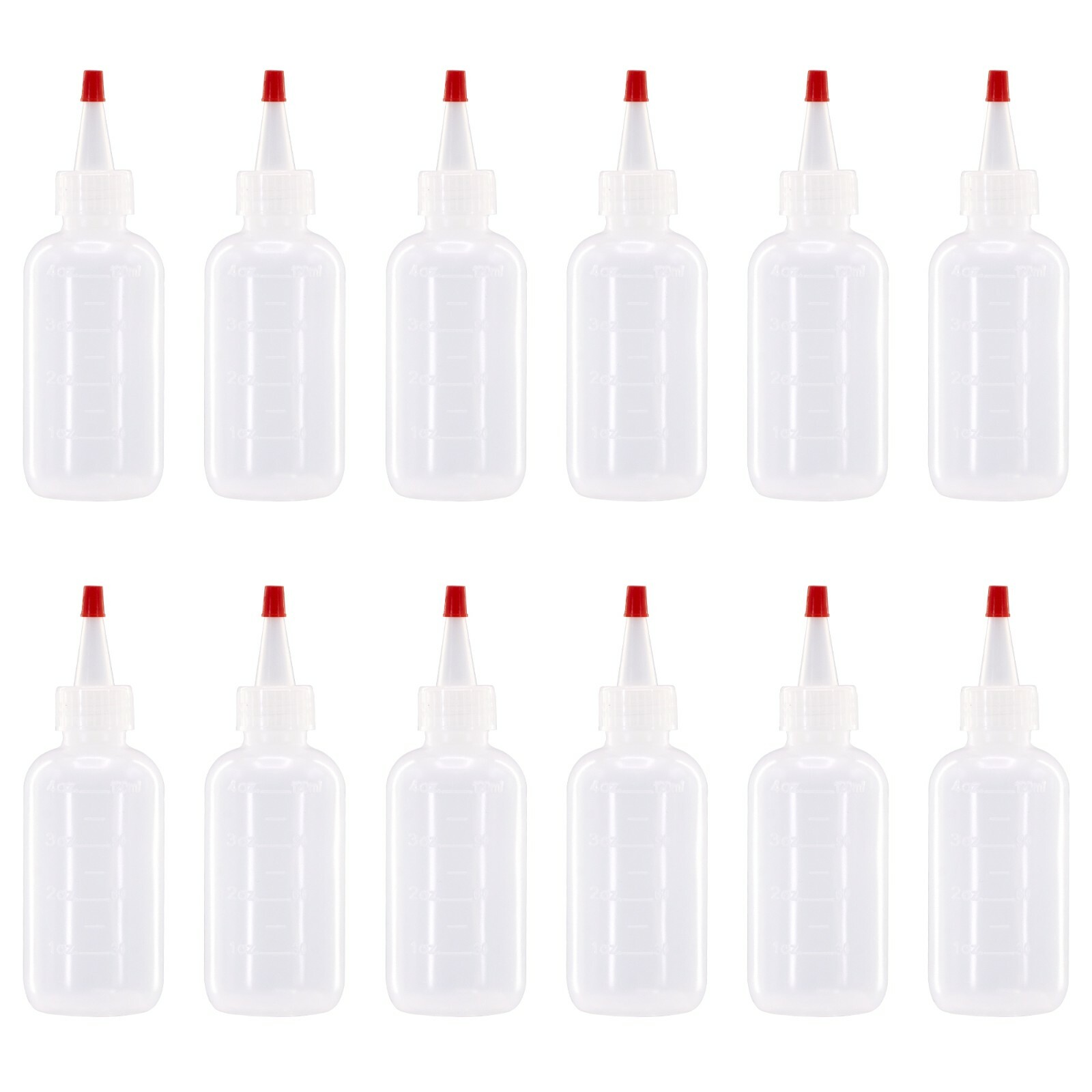 12 pack of 4oz (120mL) Plastic Boston Round Squeeze Bottles + Yorker Caps LDPE