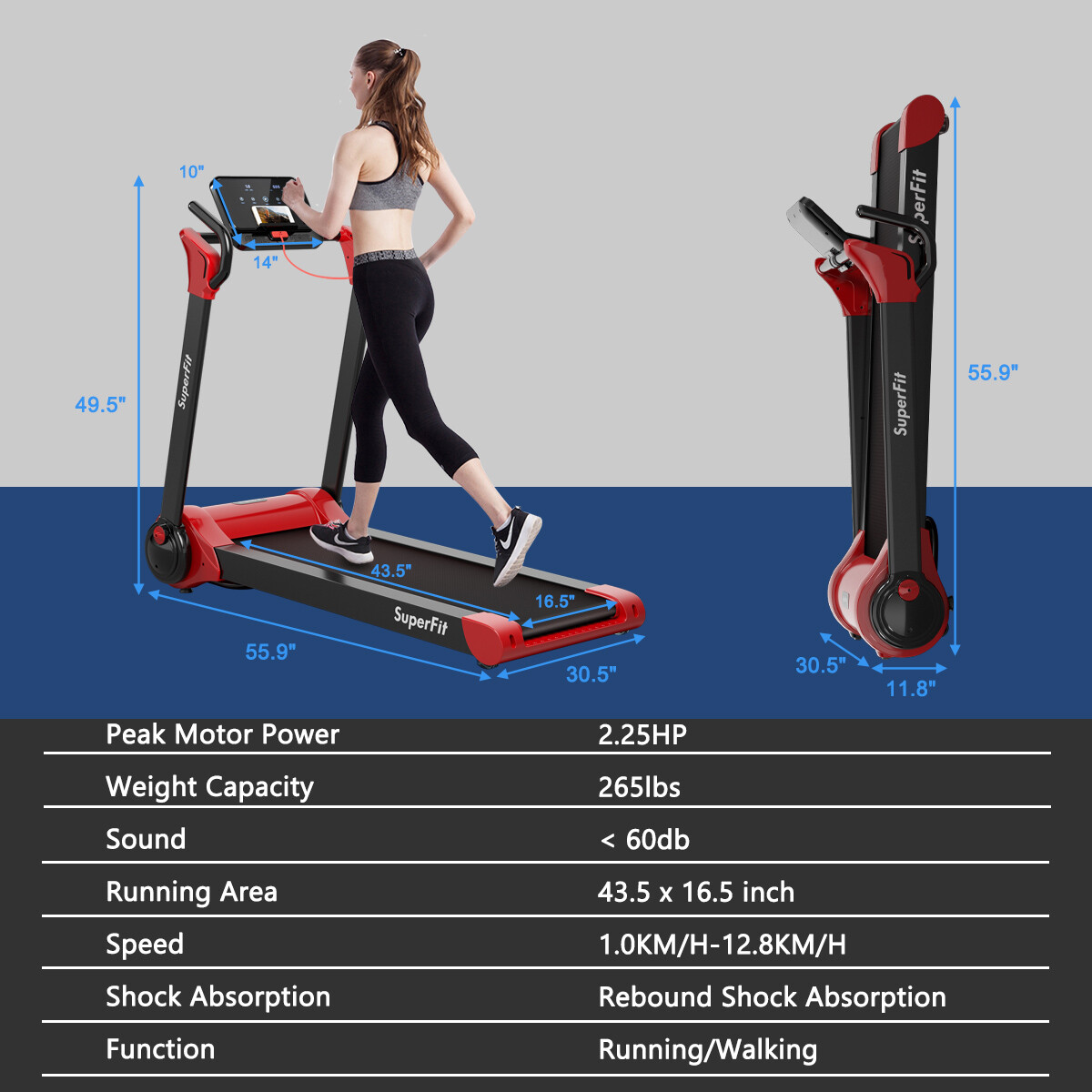SuperFit 2.25HP Folding Electric Motorized Treadmill w/ APP Control Speaker Red